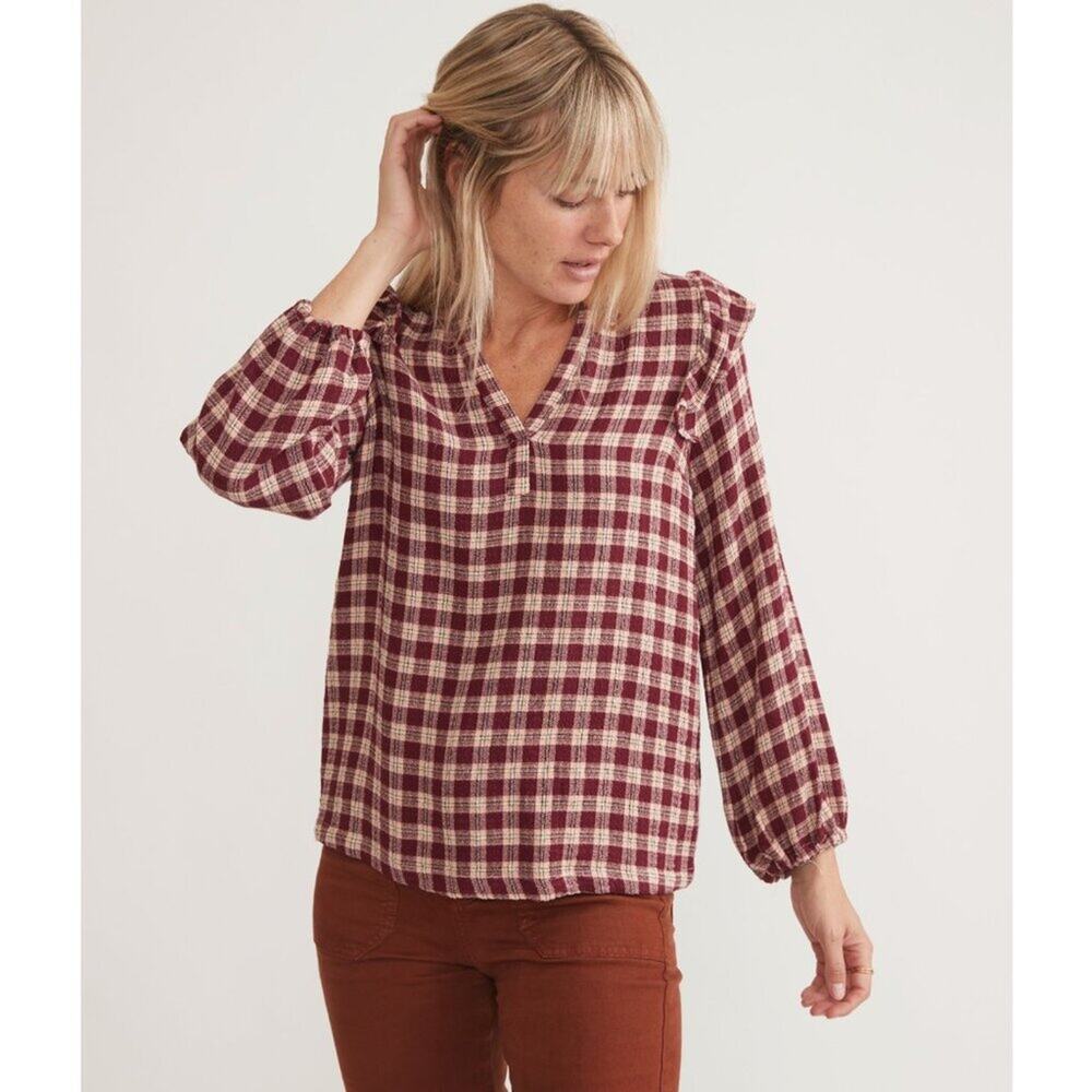 Marine Layer Jamie Ruffle Sleeve Plaid Top